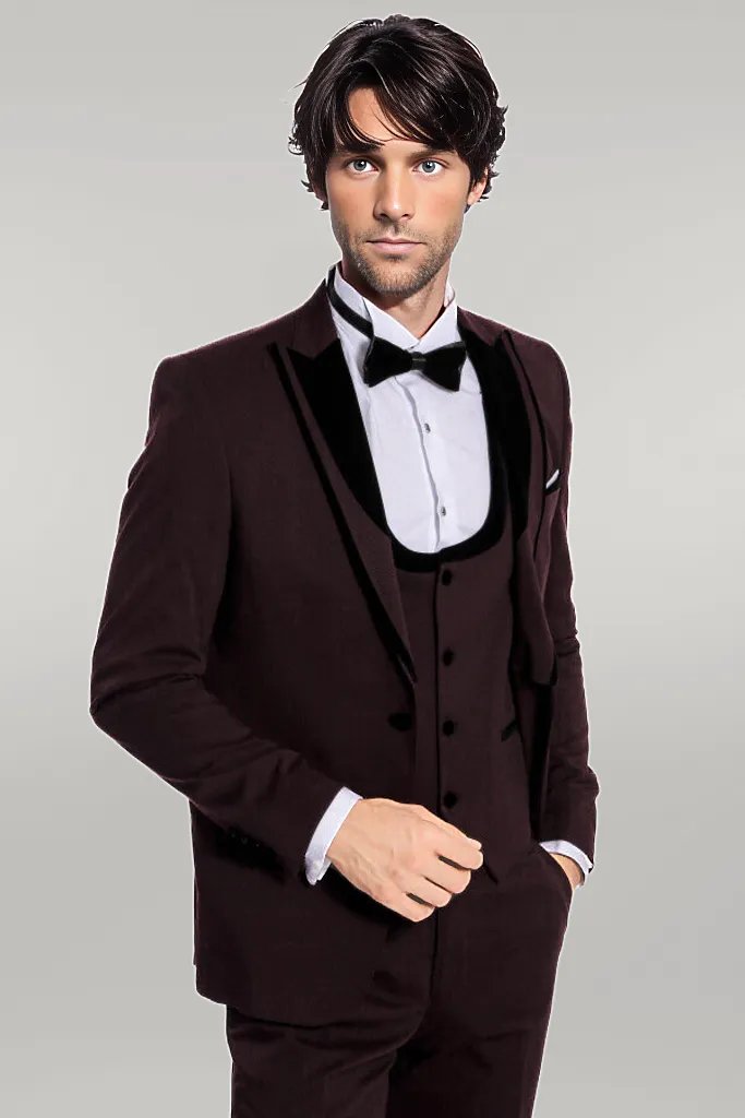 WSS Velvet Lapel Vested Patterned Burgundy Men Tuxedo  - Singen