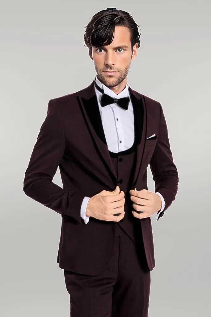 WSS Velvet Lapel Vested Patterned Burgundy Men Tuxedo  - Singen