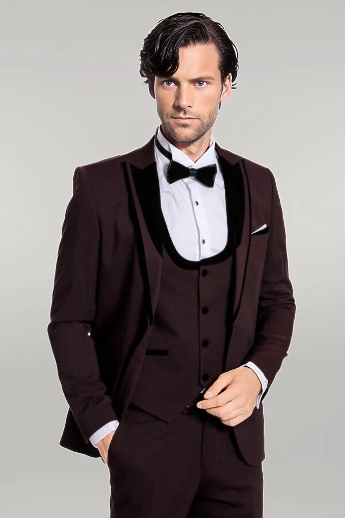 WSS Velvet Lapel Vested Patterned Burgundy Men Tuxedo  - Singen