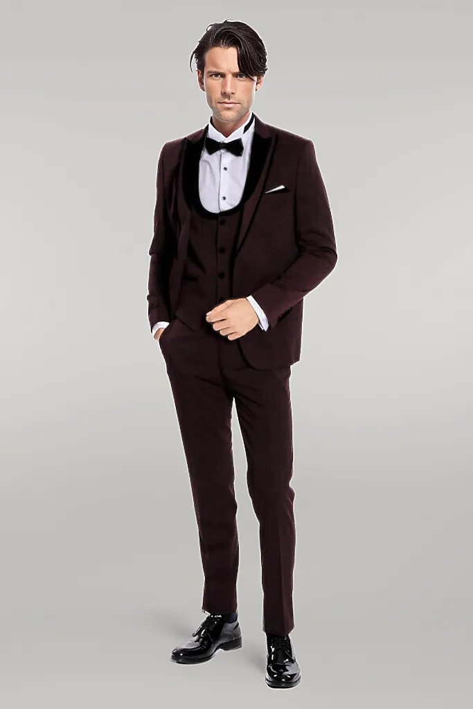 WSS Velvet Lapel Vested Patterned Burgundy Men Tuxedo  - Singen