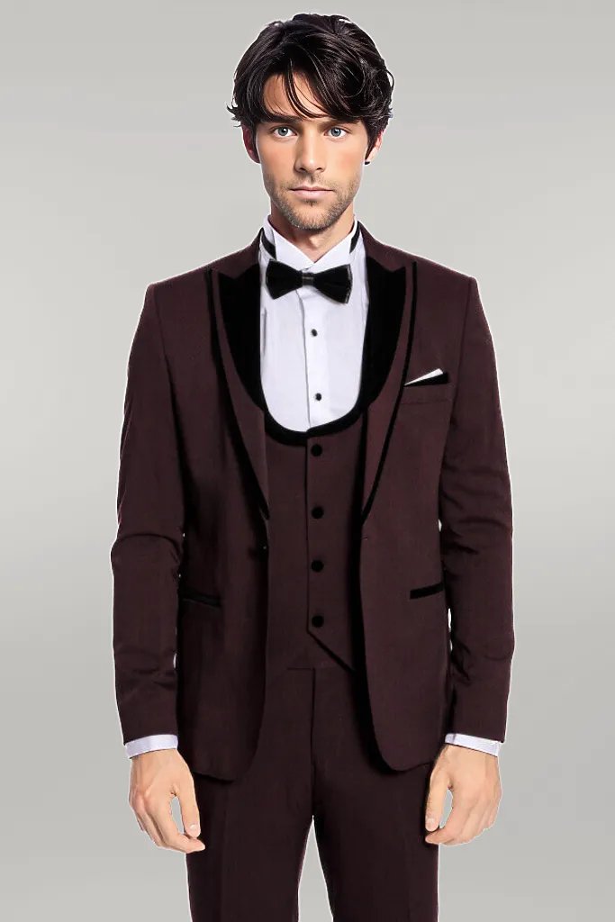 WSS Velvet Lapel Vested Patterned Burgundy Men Tuxedo  - Singen