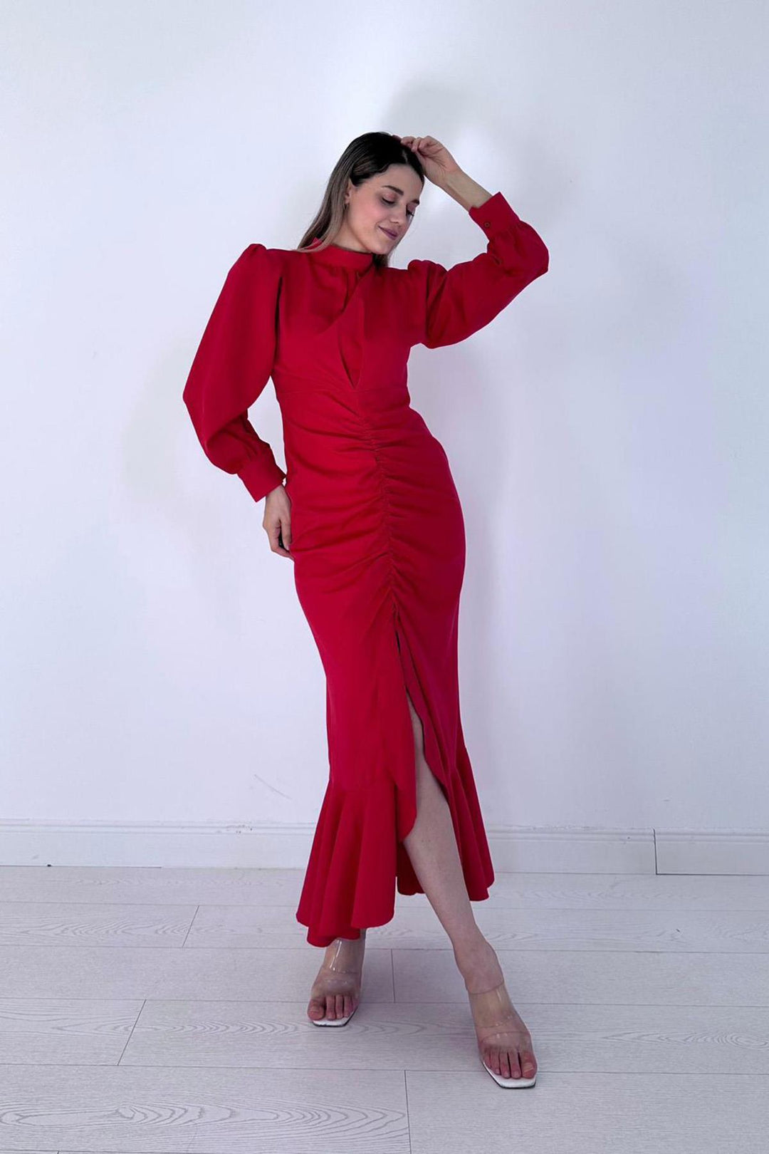 ELS Flounced Long Sleeve Dress - Red - Valladolid