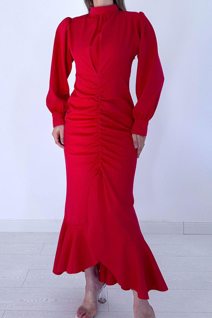 ELS Flounced Long Sleeve Dress - Red - Valladolid