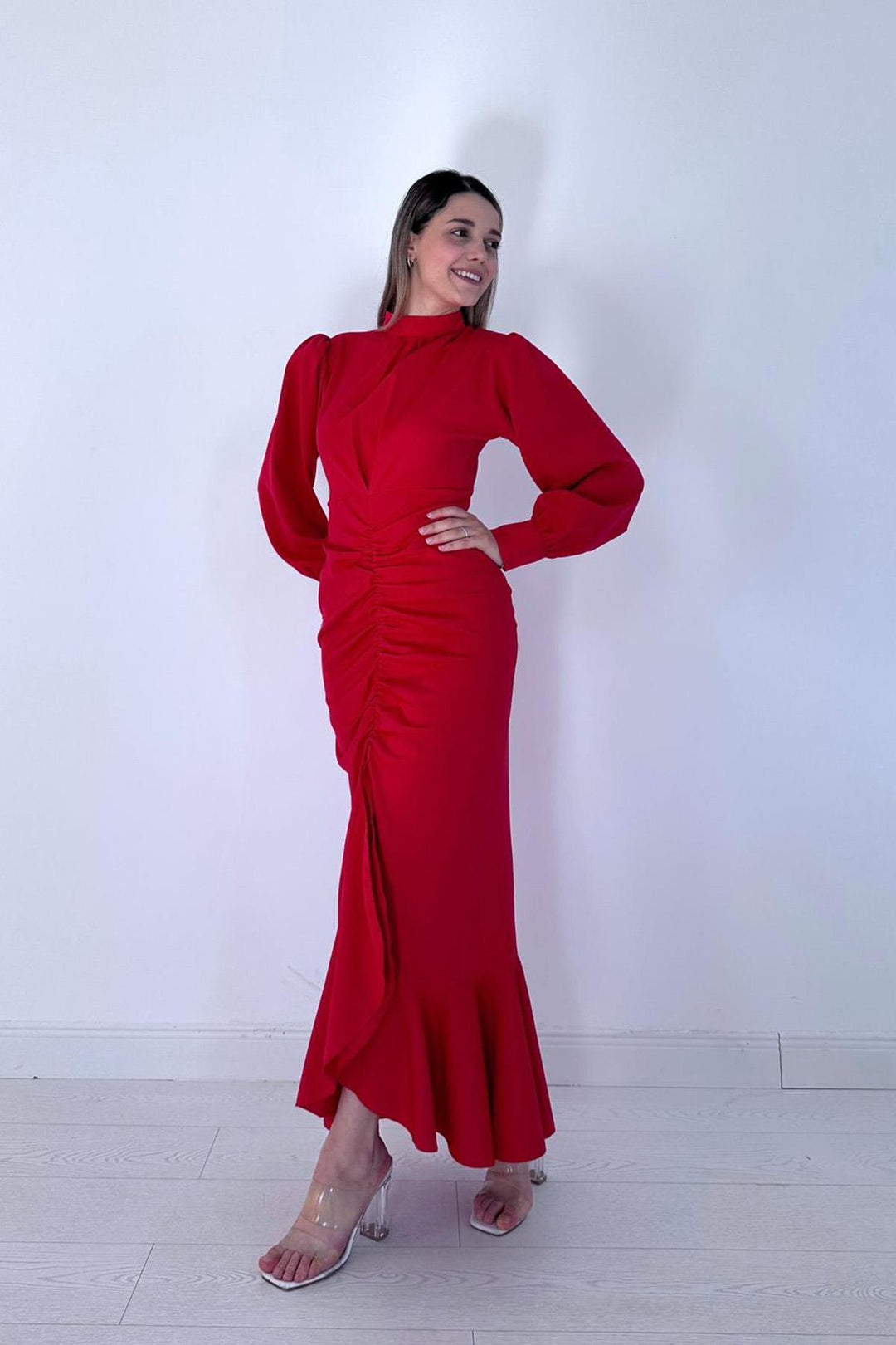 ELS Flounced Long Sleeve Dress - Red - Valladolid