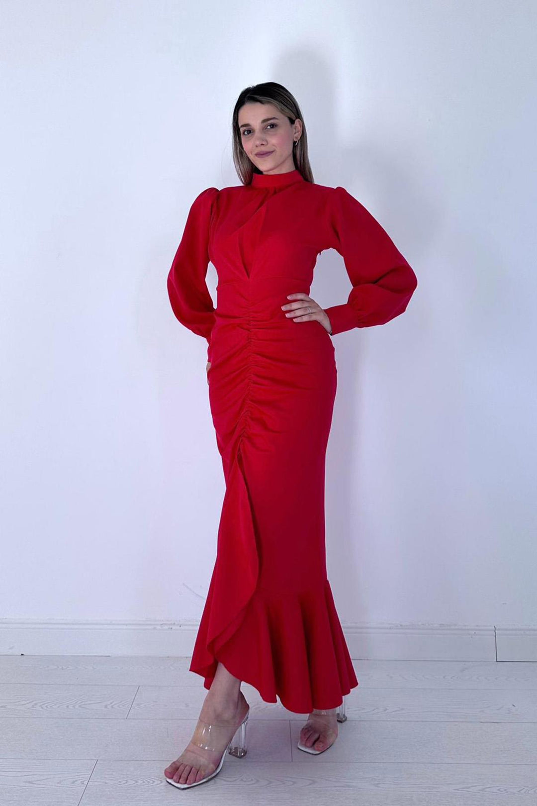 ELS Flounced Long Sleeve Dress - Red - Valladolid