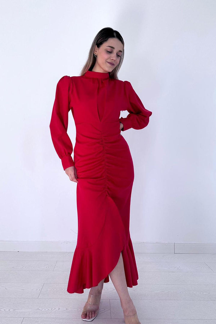 ELS Flounced Long Sleeve Dress - Red - Valladolid