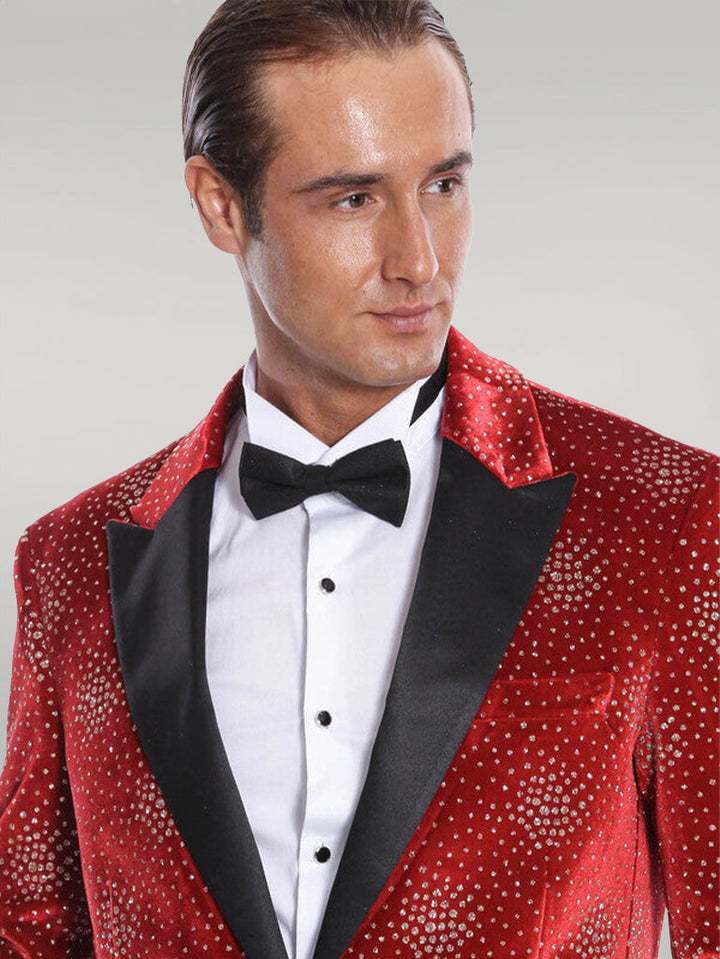 WSS Dot Patterned Peak Lapel Burgundy Men Prom Blazer  - Singen