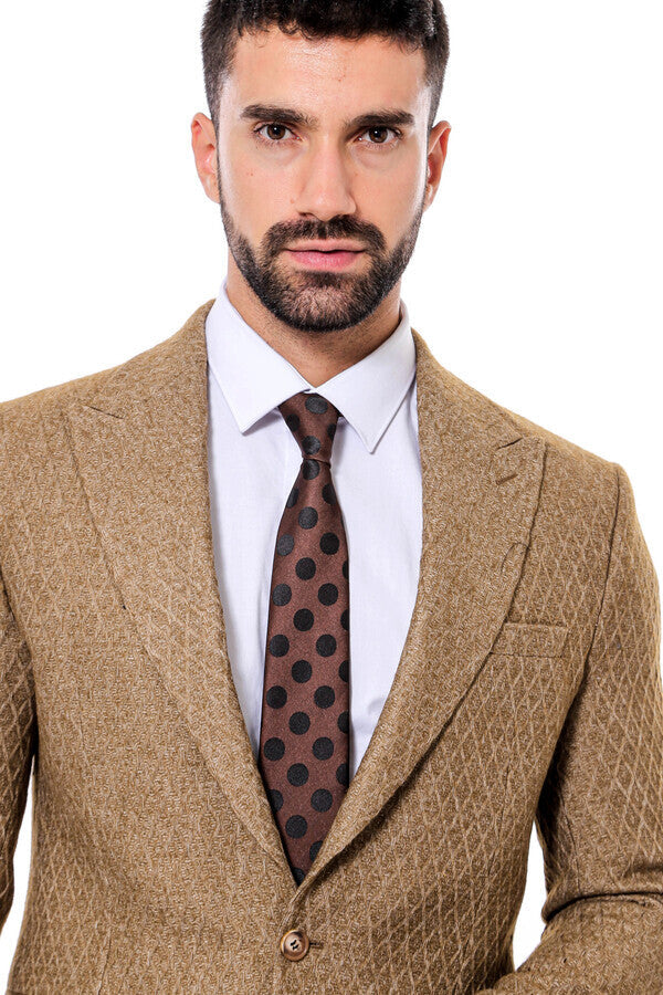 WSS Wool Patterned Slim Fit Light Brown Men Blazer  - Singen