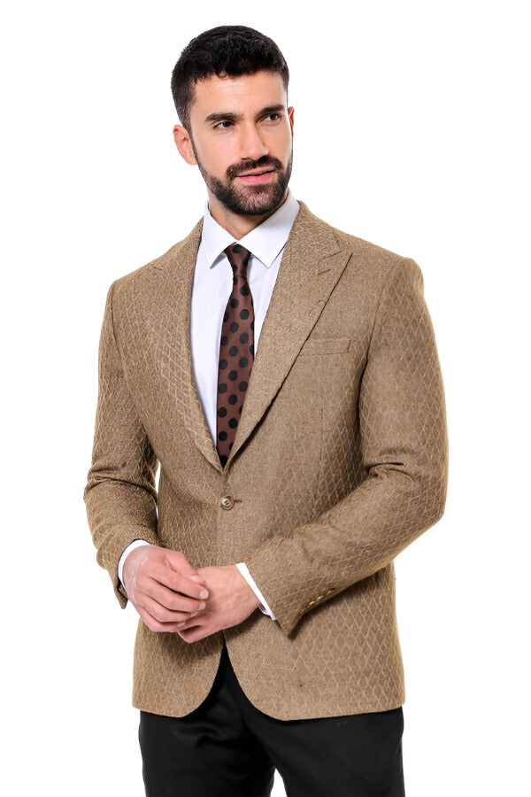 WSS Wool Patterned Slim Fit Light Brown Men Blazer  - Singen