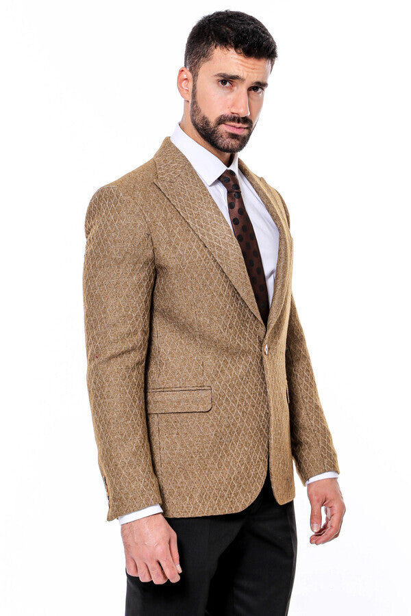 WSS Wool Patterned Slim Fit Light Brown Men Blazer  - Singen