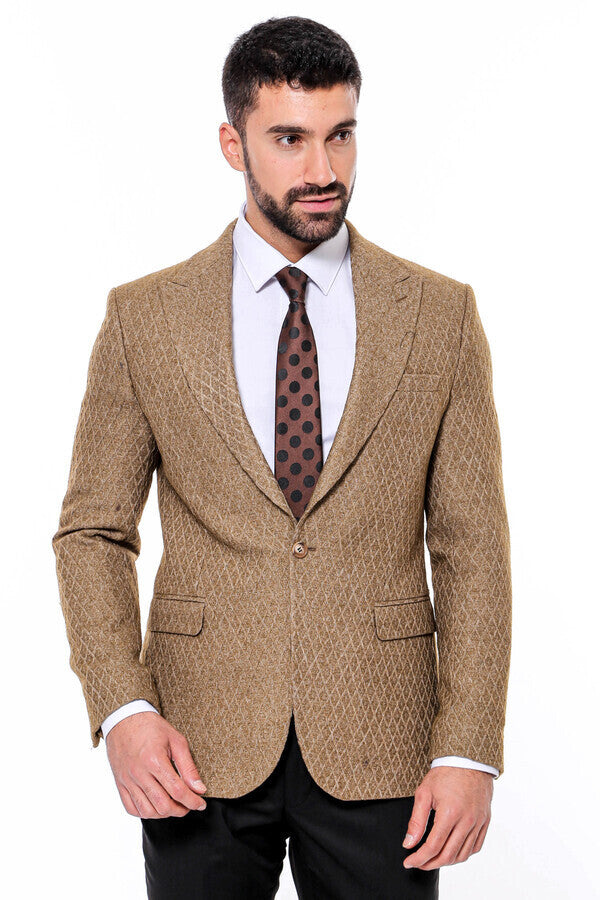 WSS Wool Patterned Slim Fit Light Brown Men Blazer  - Singen