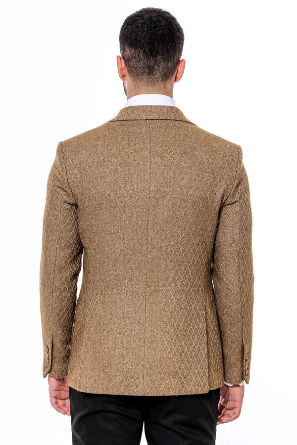 WSS Wool Patterned Slim Fit Light Brown Men Blazer  - Singen