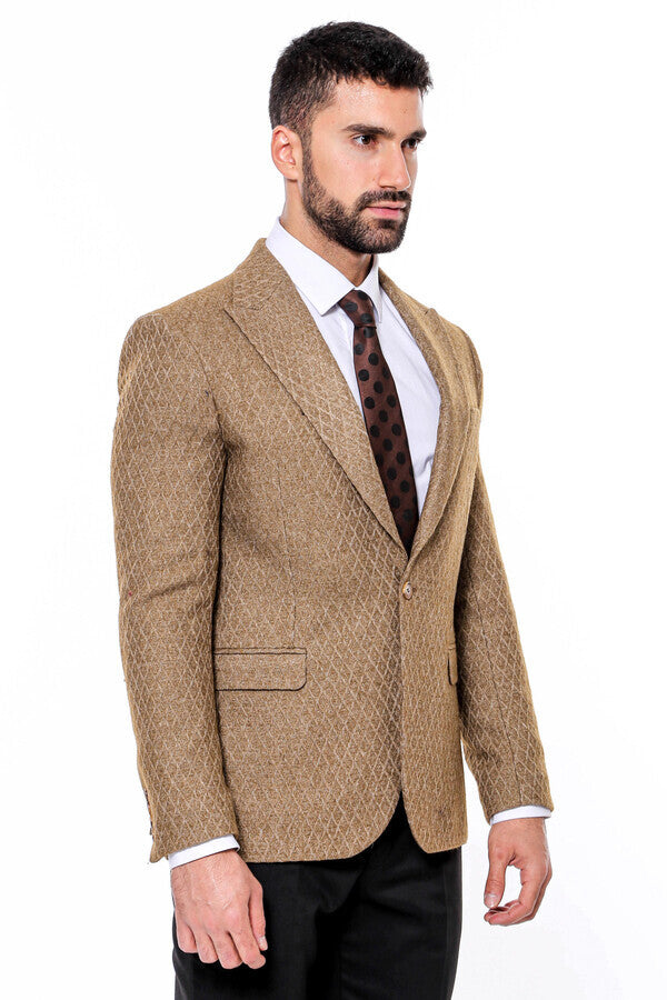 WSS Wool Patterned Slim Fit Light Brown Men Blazer  - Singen