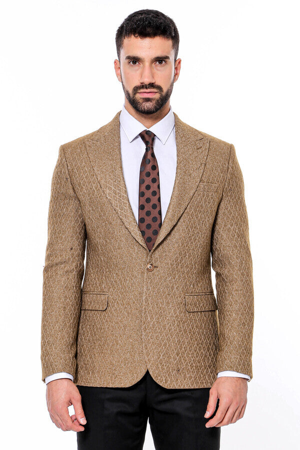 WSS Wool Patterned Slim Fit Light Brown Men Blazer  - Singen