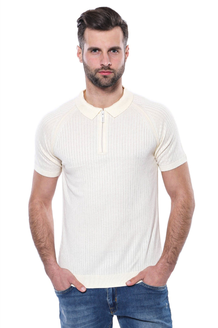 WSS Polo Zippered Patterned Cream Knitted T-Shirt  - Singen