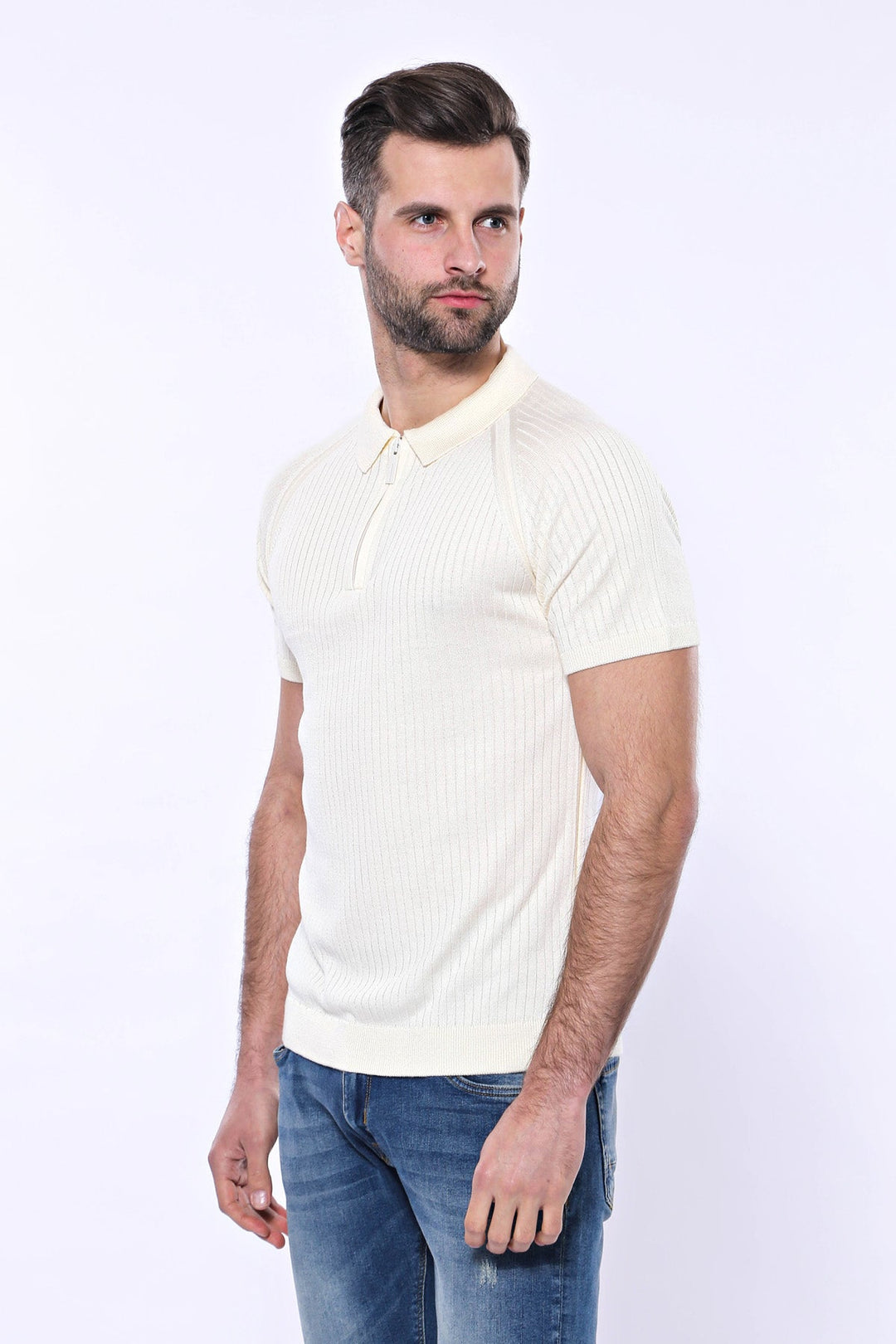 WSS Polo Zippered Patterned Cream Knitted T-Shirt  - Singen