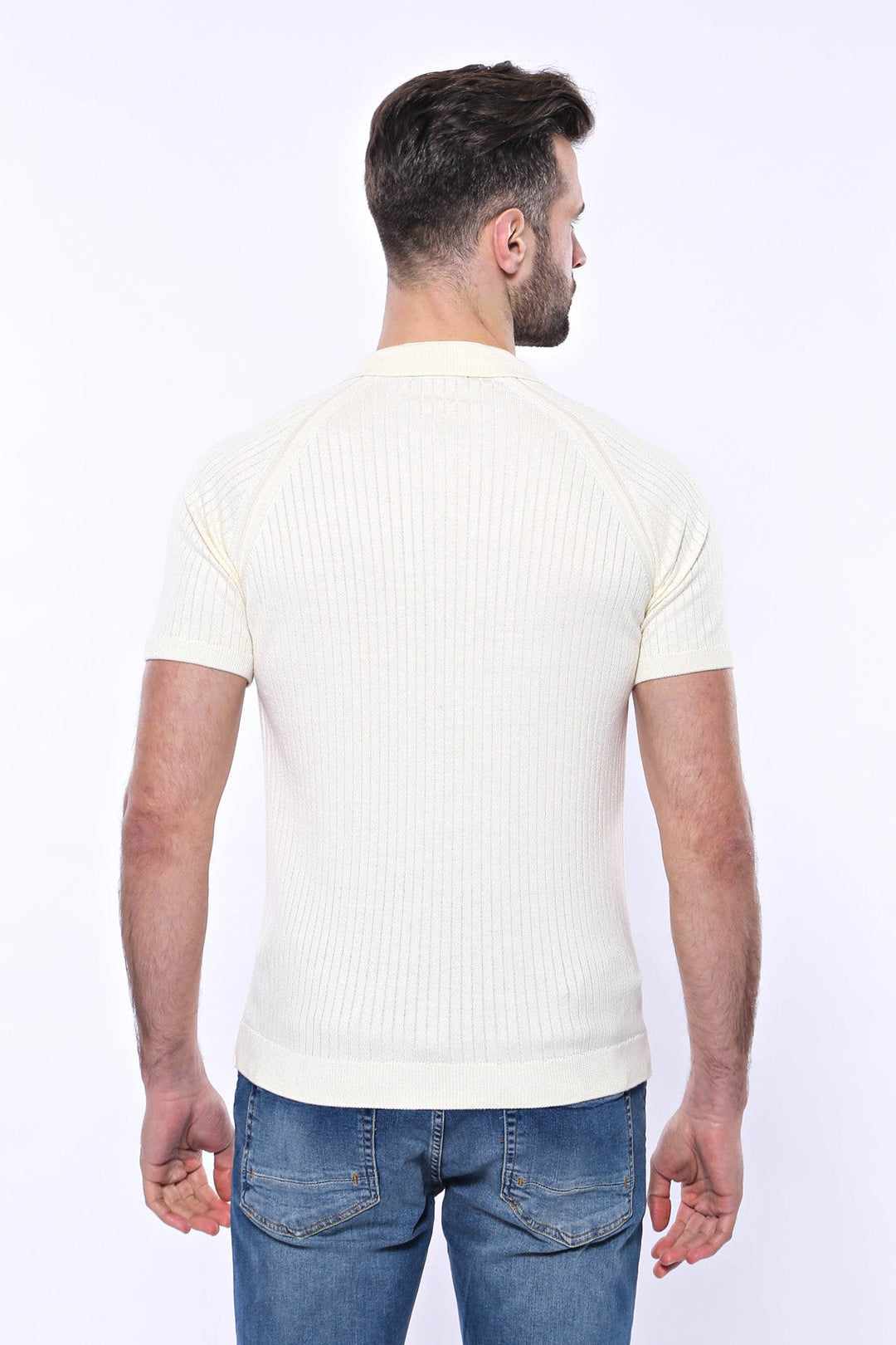 WSS Polo Zippered Patterned Cream Knitted T-Shirt  - Singen