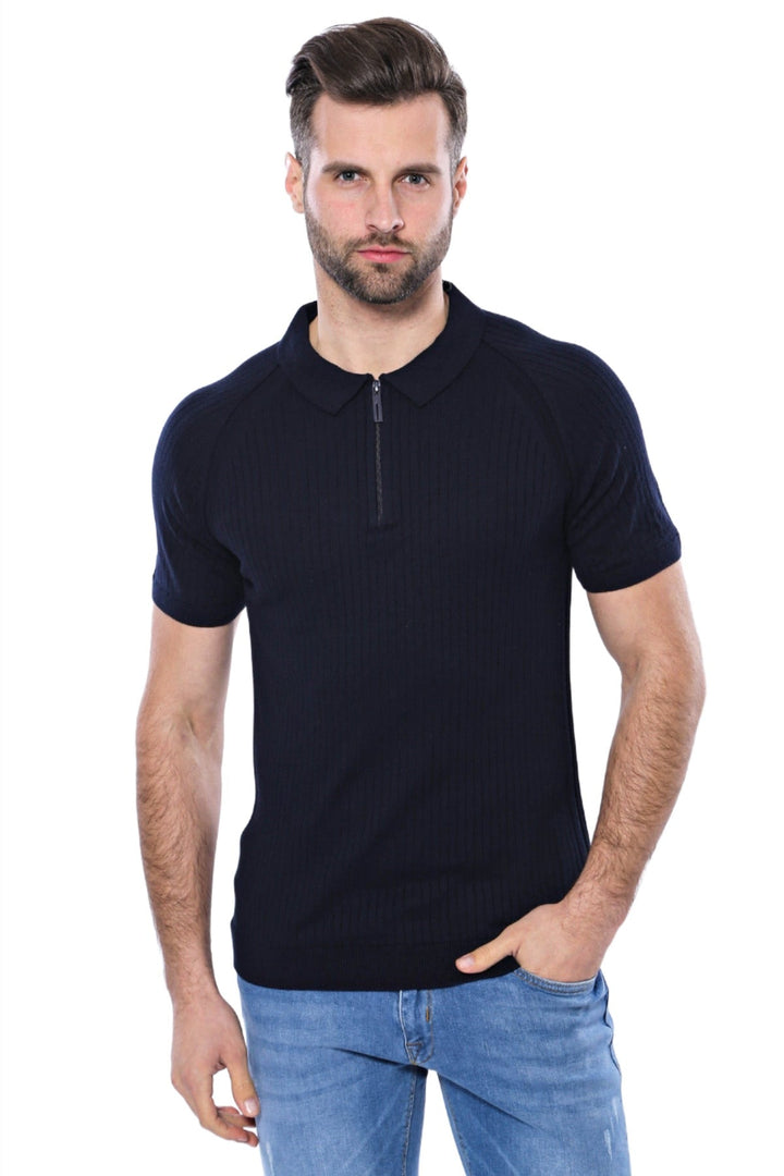 WSS Polo Zippered Patterned Knitted Navy Blue Men T-Shirt  - Singen