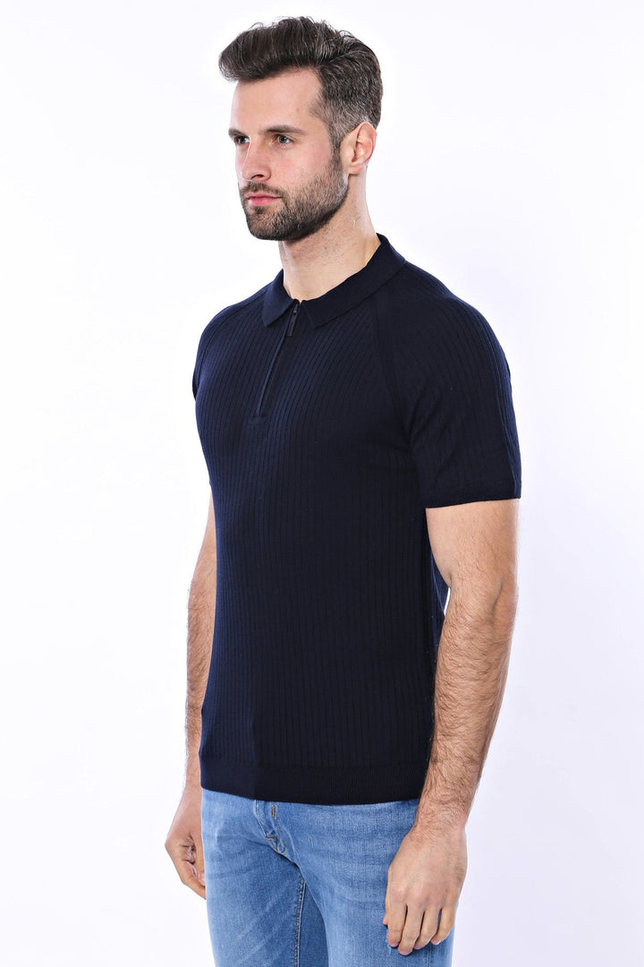 WSS Polo Zippered Patterned Knitted Navy Blue Men T-Shirt  - Singen