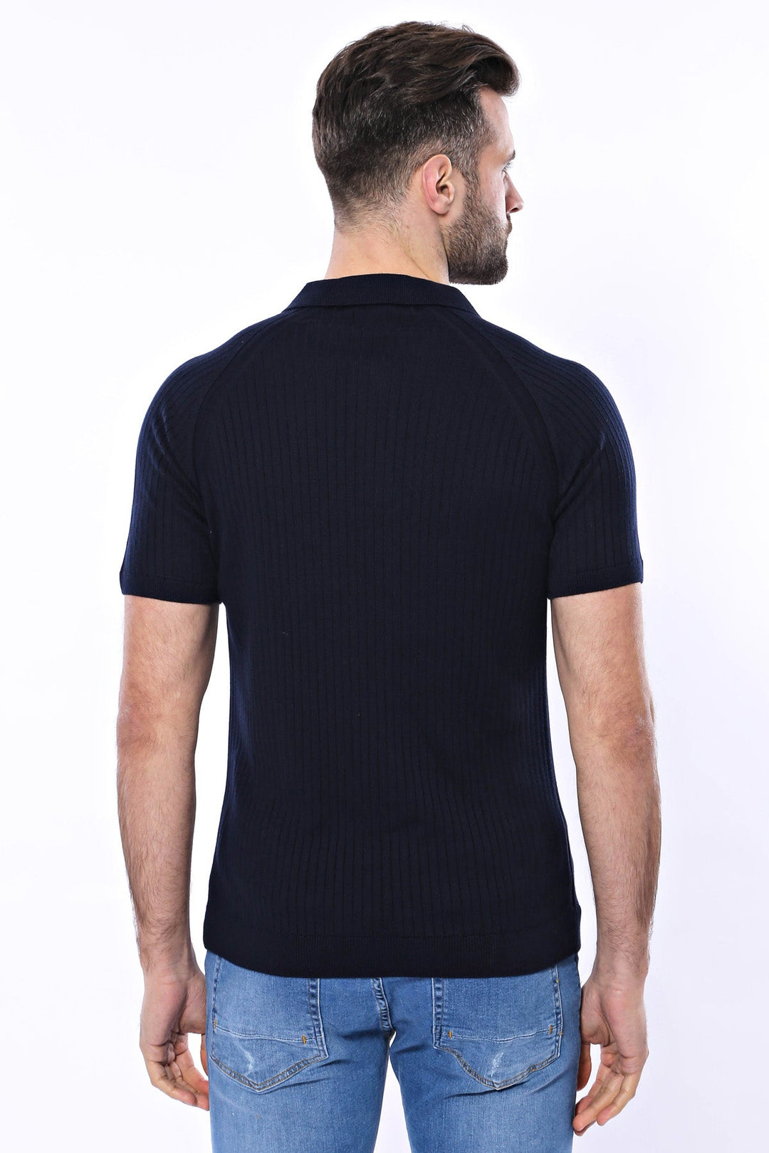 WSS Polo Zippered Patterned Knitted Navy Blue Men T-Shirt  - Singen