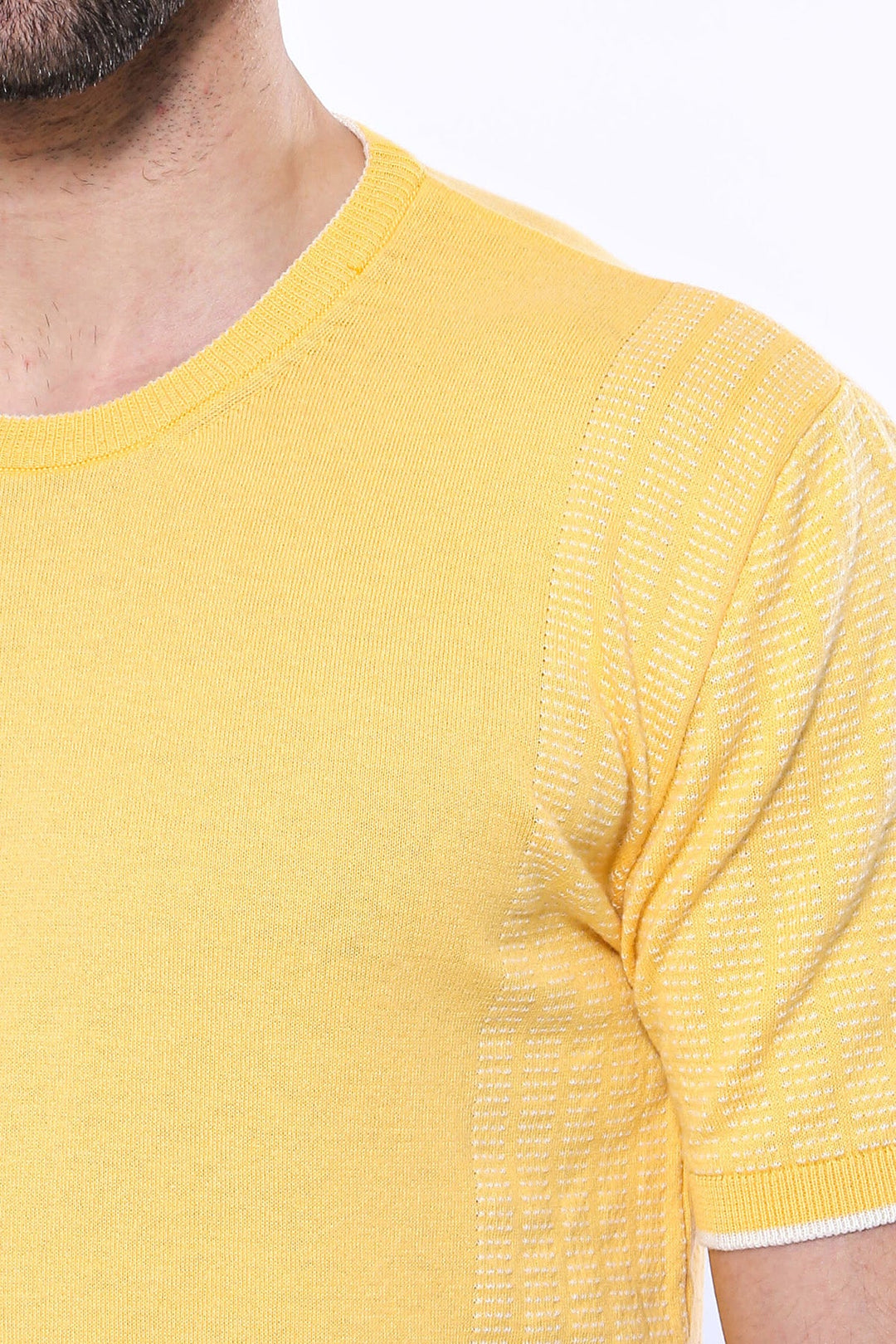 WSS Circle Neck Patterned Yellow Knitted T-Shirt  - Singen