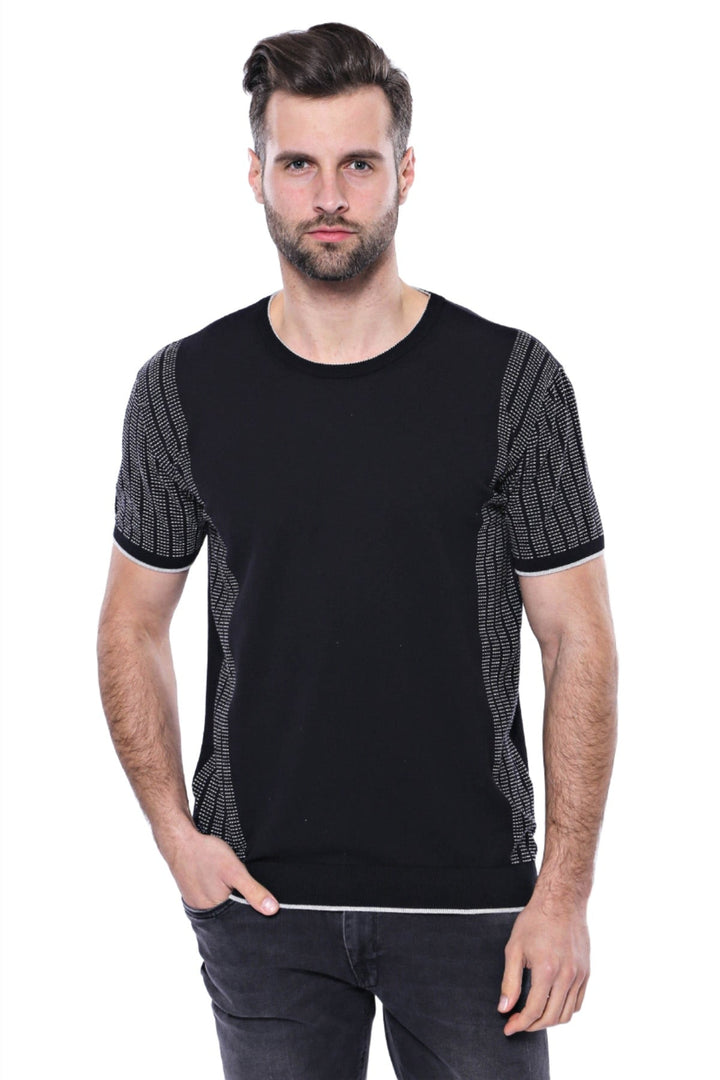 WSS Circle Neck Patterned Black Knitted T-Shirt  - Singen