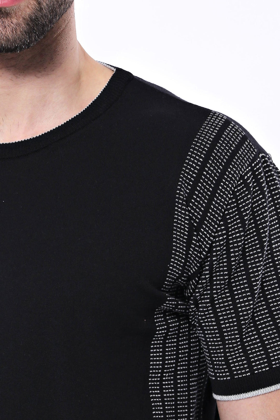 WSS Circle Neck Patterned Black Knitted T-Shirt  - Singen