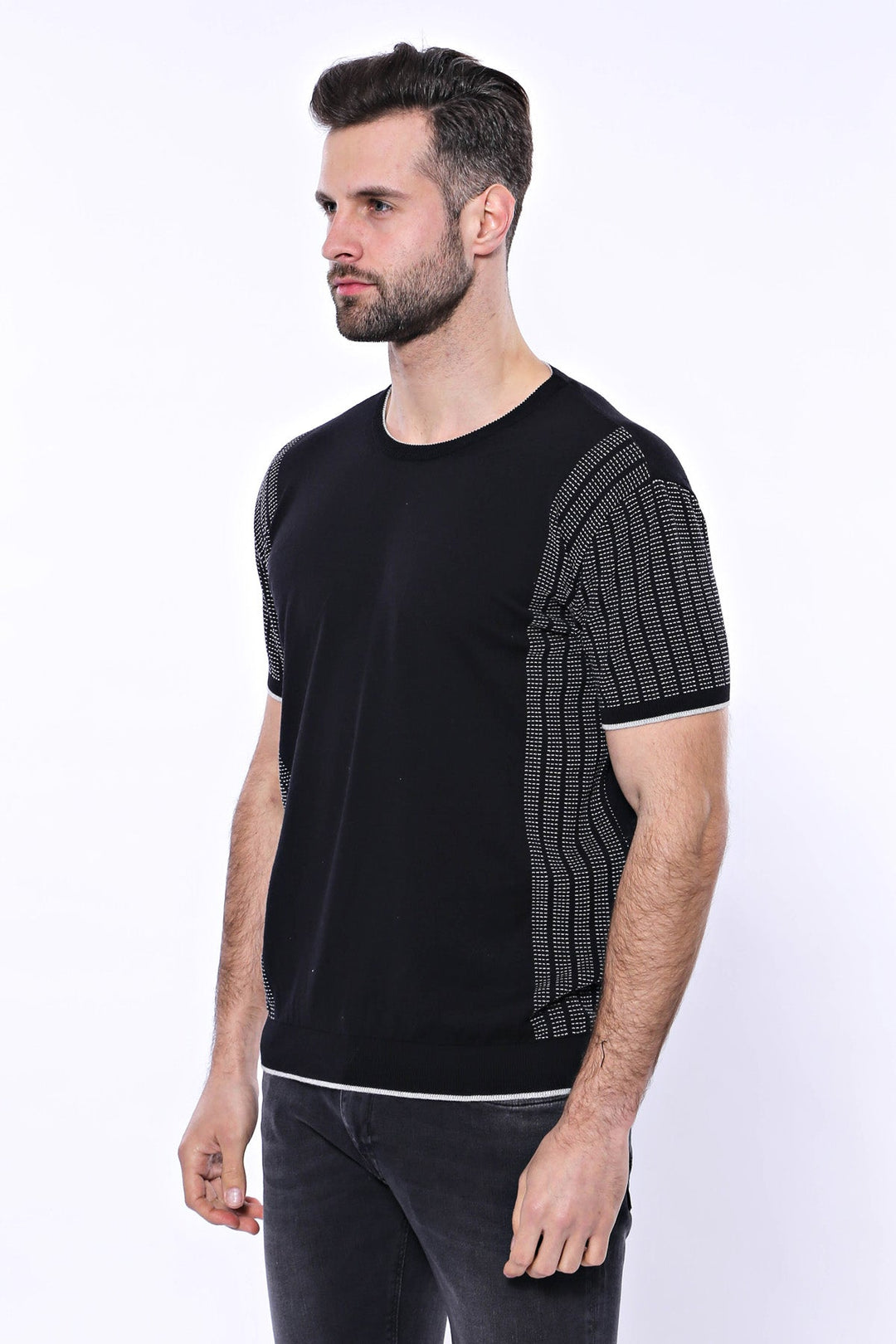 WSS Circle Neck Patterned Black Knitted T-Shirt  - Singen