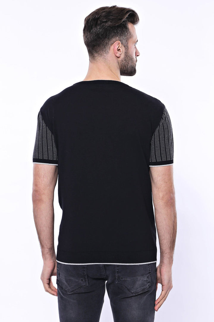 WSS Circle Neck Patterned Black Knitted T-Shirt  - Singen