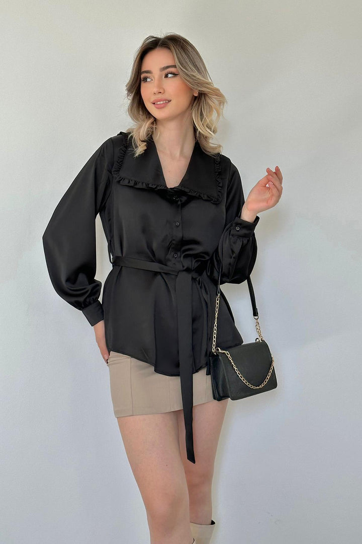 ELS Ruffled Belted Satin Shirt - Black - Toowoomba