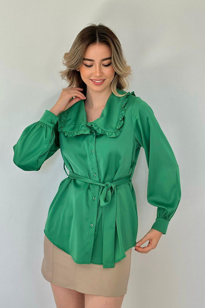 ELS Frilled Belted Satin Shirt - Green - Geneva