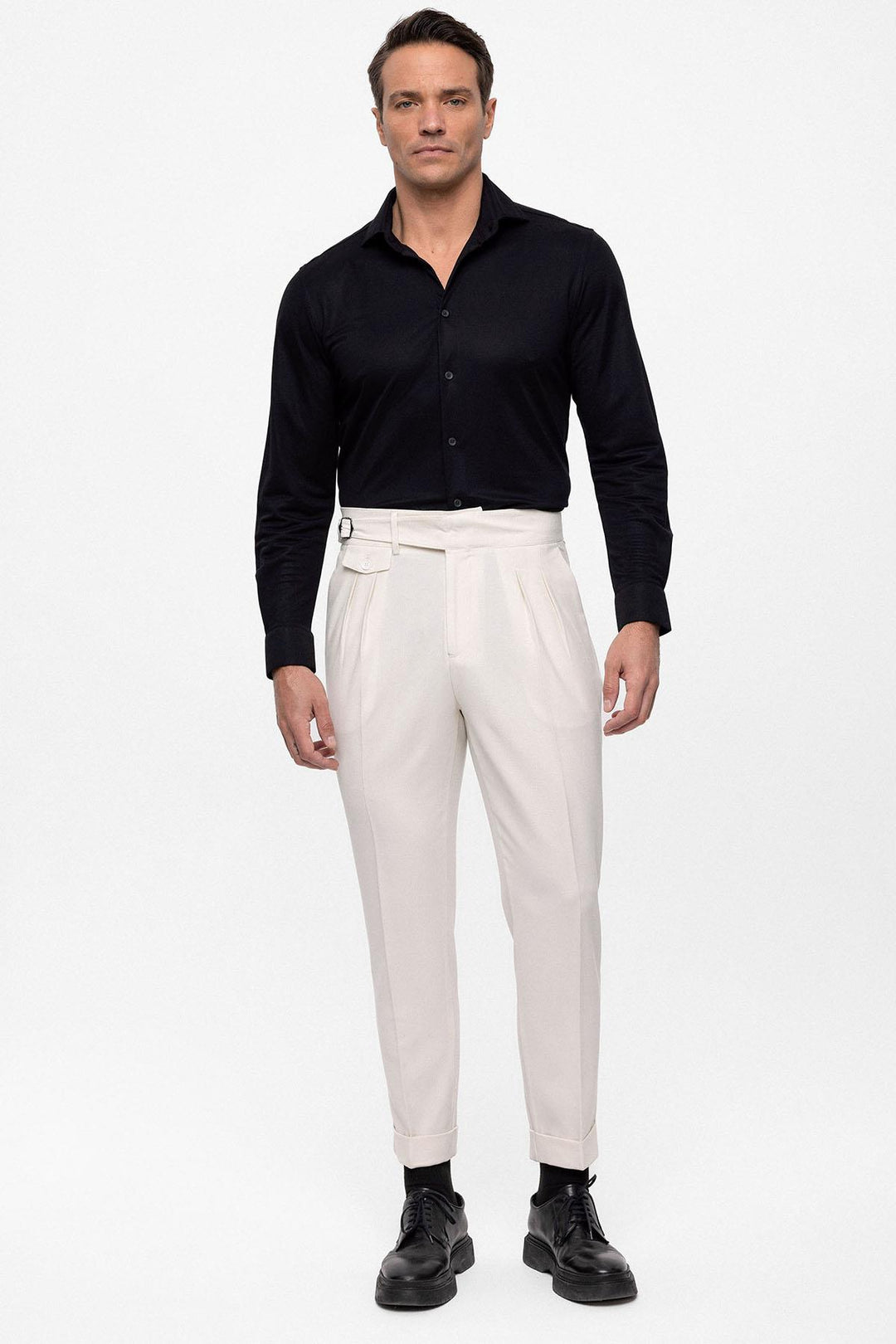 ANT High Waist (Boyfriend) Pleated Fabric Trousers With Buckle Belt - Taunton