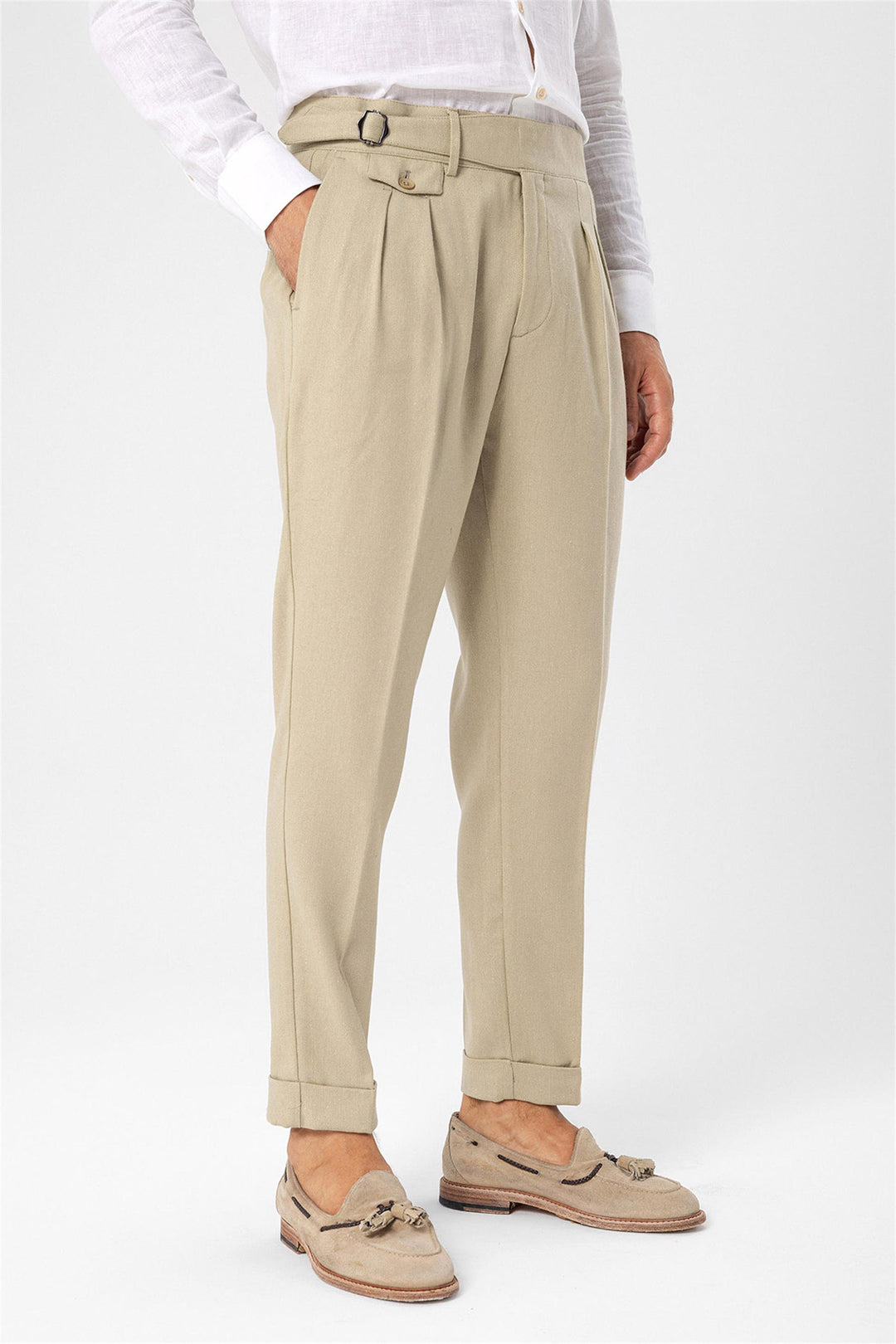 ANT High Waist (Boyfriend) Pleated Fabric Trousers With Buckle Belt - Rapid City