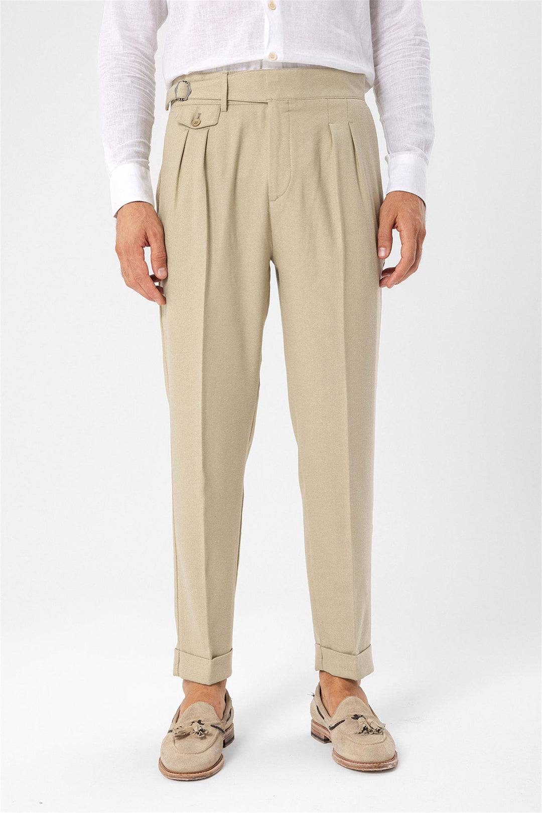 ANT High Waist (Boyfriend) Pleated Fabric Trousers With Buckle Belt - Rapid City