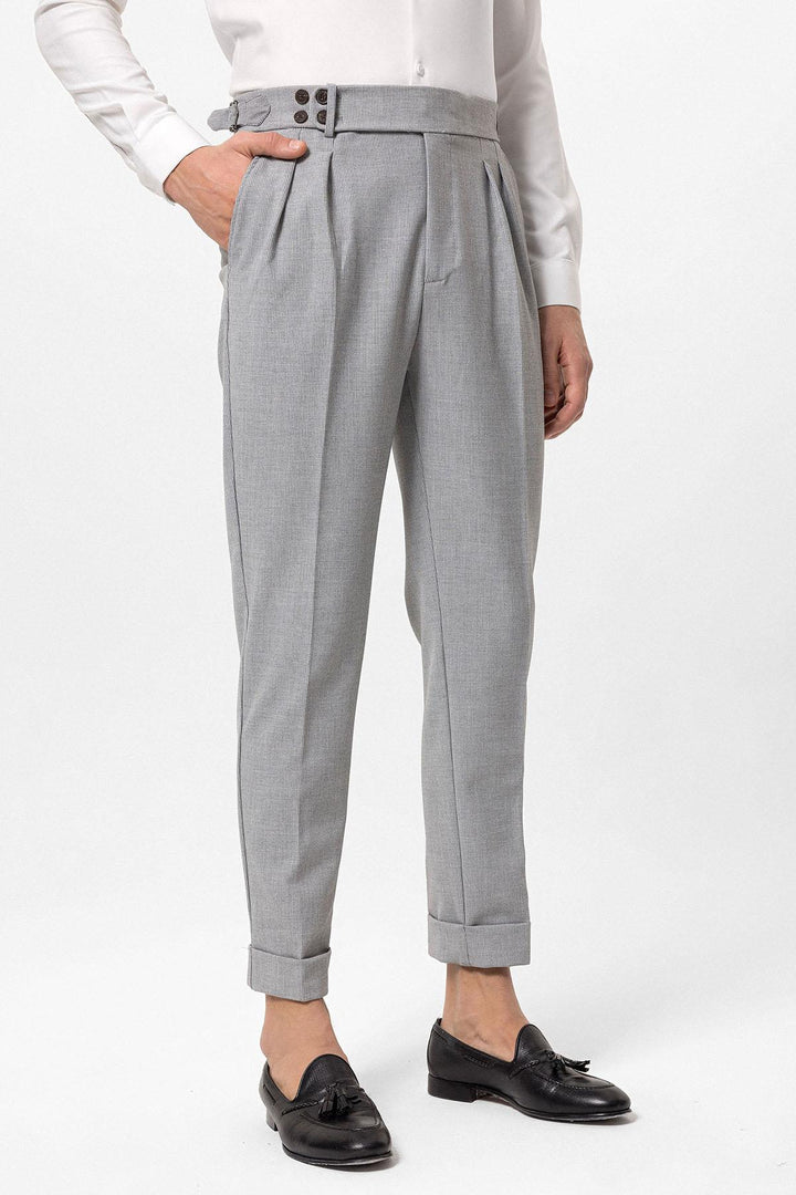 ANT High Waist (Boyfriend) Side Buckled Belt Detail Pleated Fabric Trousers - Tivoli